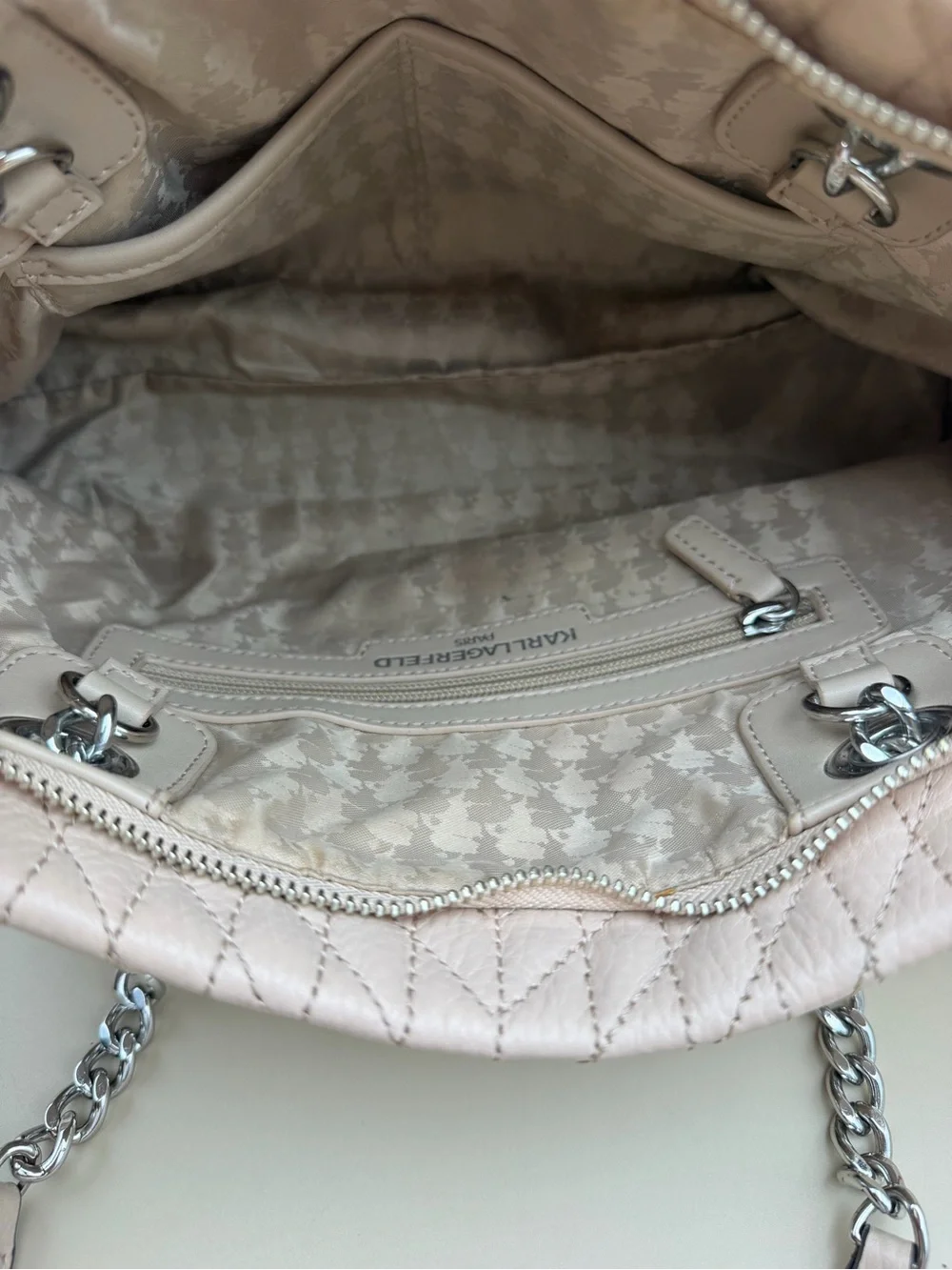 Karl Lagerfeld Paris Quilted Leather Chain Tote Bag Beige